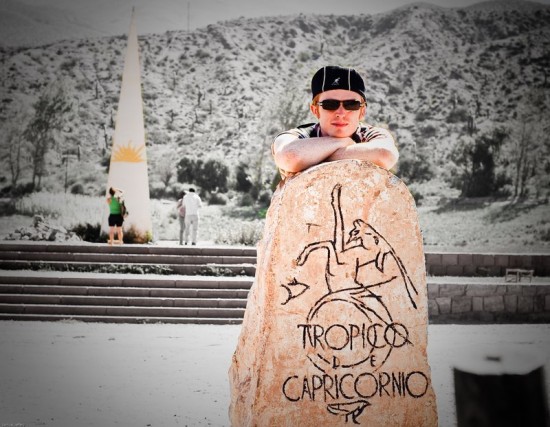 Samuel posing at the Tropic of Capricorn.
