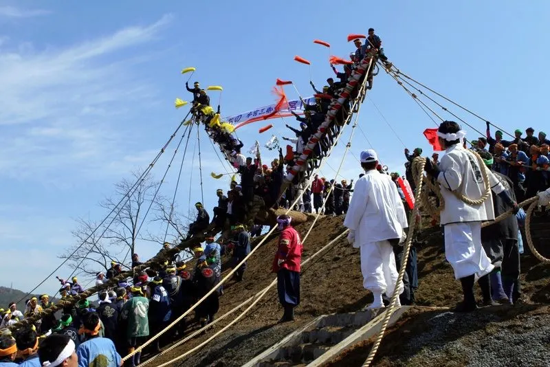 Dragging tree trunks through the streets in Ombashira Festival, Japan.