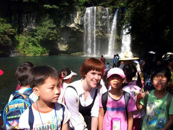 students (and a waterfall!) in South Korea