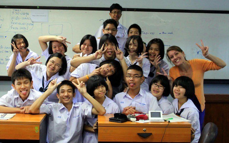 Sarah with her extremely serious students in Thailand!