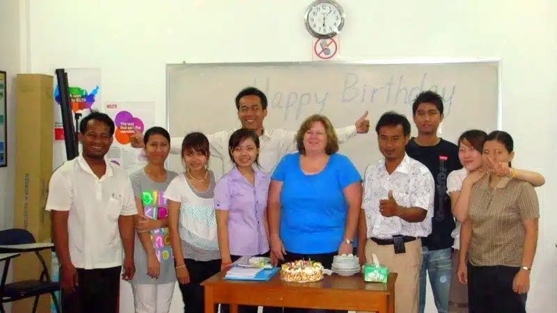 One of Nikki's classes in Cambodia... with a birthday cake!