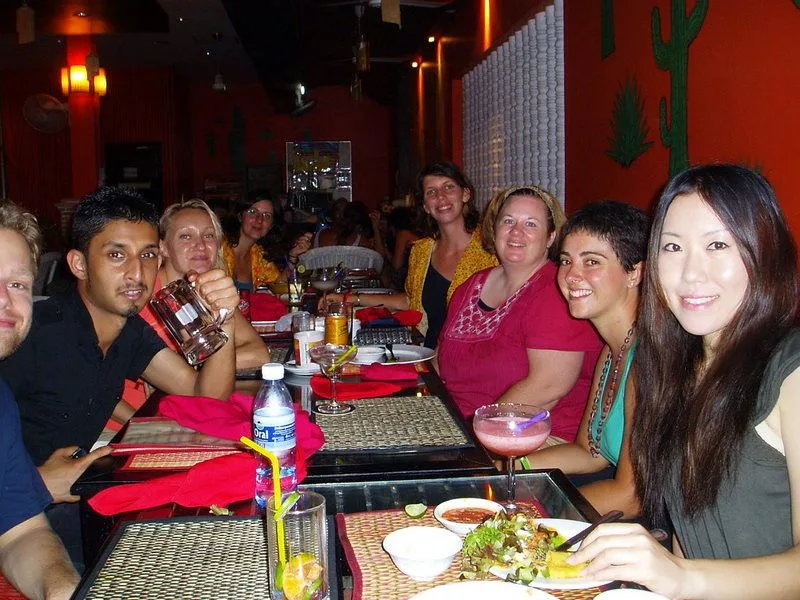 CouchSurfing group dinner in Siem Reap during the Cambodian New Year, April 2011.