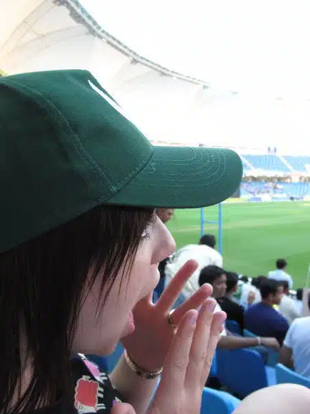Supporting Pakistan at the Dubai Cricket Ground.