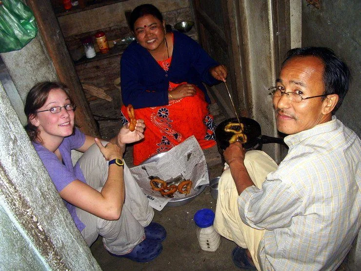 Cooking in the 'kitchen' with Abigail's host parents.