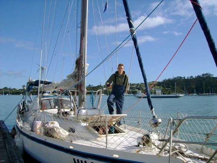 Kurt hitchhiking on a yacht as he just arrived in New Zealand.