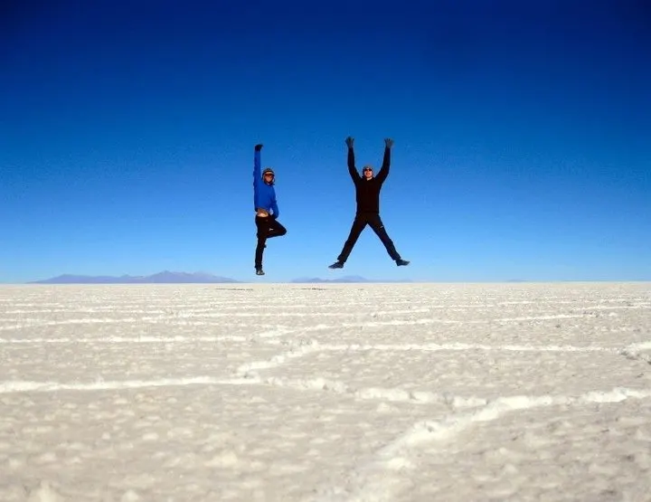 Sam and Zab on the Salar de Uyuni, Bolivia.