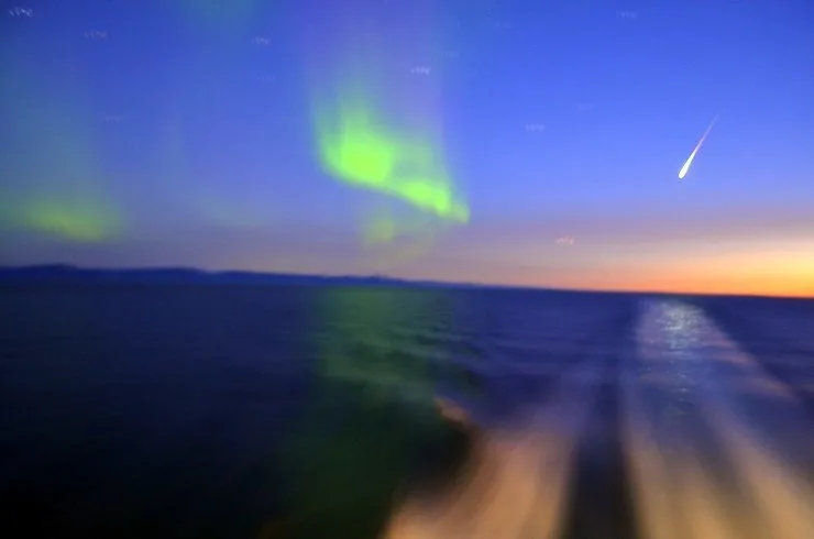 The Northern Lights and a shooting star on Crystal's first night of the trip.