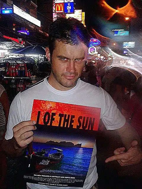 Richard promoting his book in Khao San Road, Bankok, Thailand.