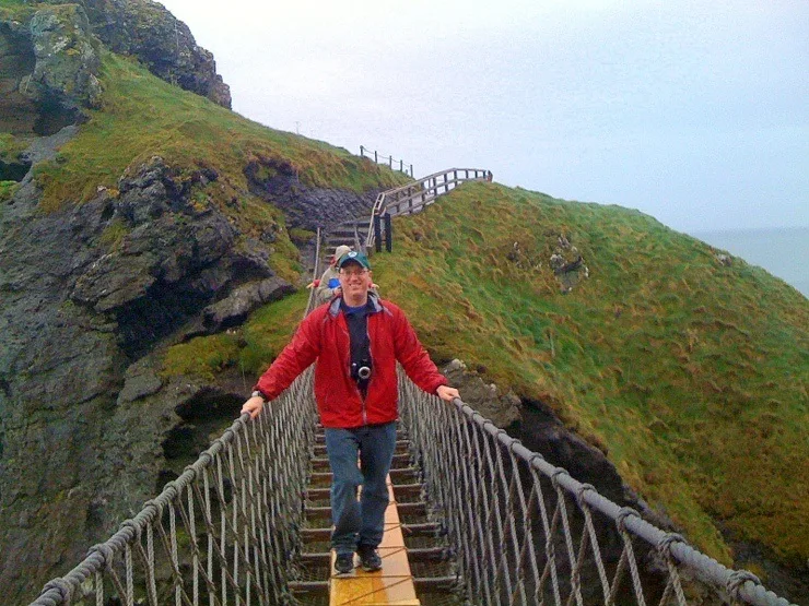 Mike at the Carrick-a-rede Rope Bridge in Northern Ireland.