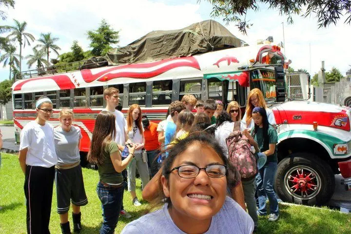 One of the groups Reagan led to Guatemala, and their bus.