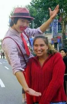 Enjoying the company of a clown in Korea.
