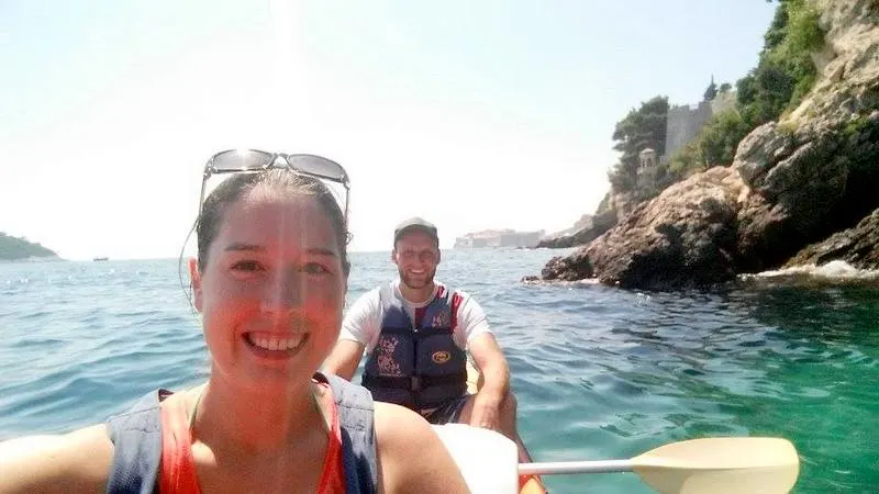 Caitlin and husband sea kayaking around Lokrum Island, Dubrovnik, Croatia.