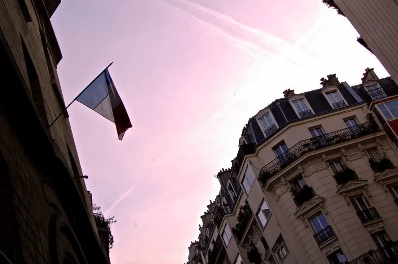 A neighborhood in Paris, France at sunset.
