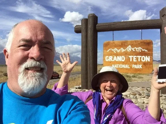Bruce and Louise at the gate for Grand Teton National Park.