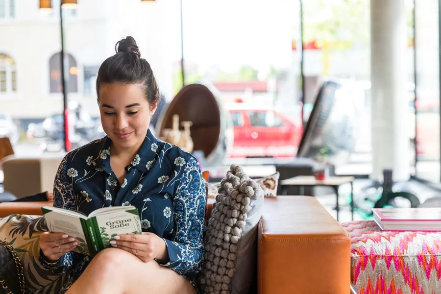 Jacqueline relaxing at Hotel Moxy in Frankfurt, Germany.