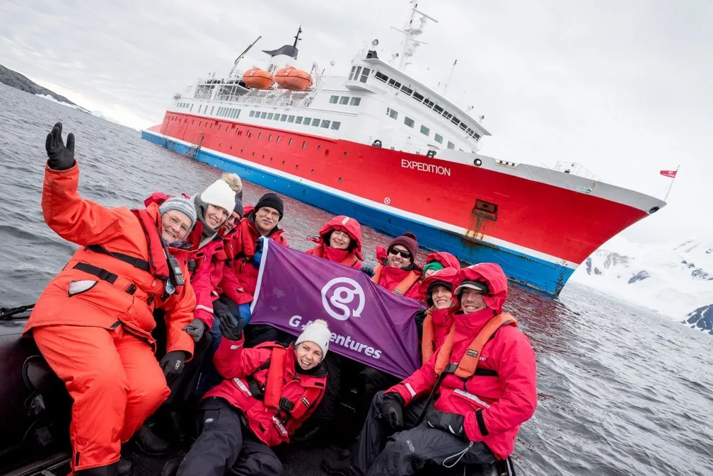 Susan with the G Adventures Expedition ship in the polar region.