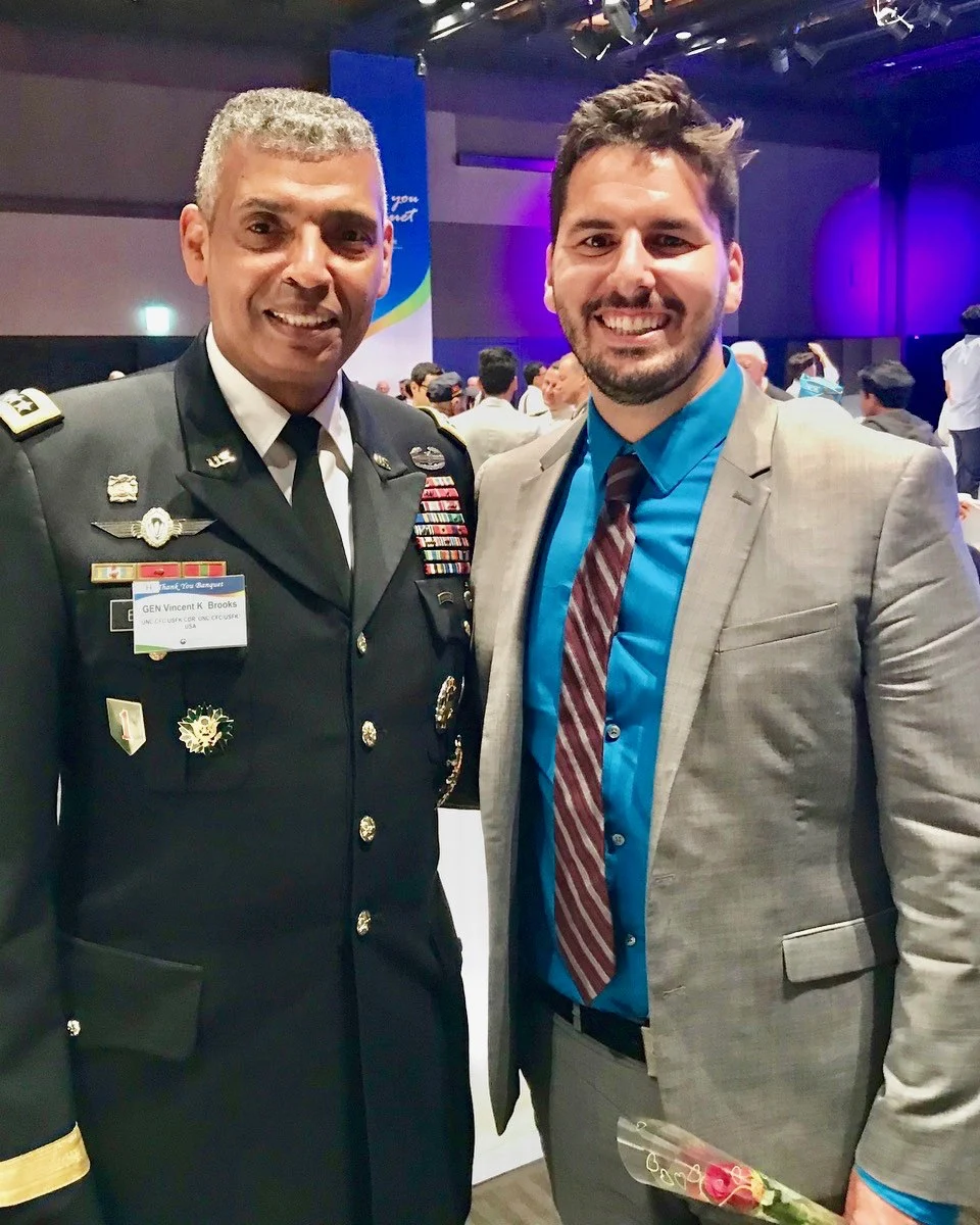 Free teacher travel is possible with these 5 global education fellowship programs: TGC, TOP Germany, TEACH Bahrain, Korean War Legacy Foundation, and EF Tours! Pictured: With 4 Star General Brooks at the Korean War Ceremony.