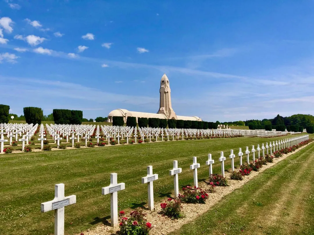 The Ossuary at Verdun with a French Cemetery in front. Inside the Ossuary are 130,000 French and German soldiers killed at the Battle of Verdun in 1916. These remains were unidentifiable. The cemetery in front contains 15,000 French soldiers.