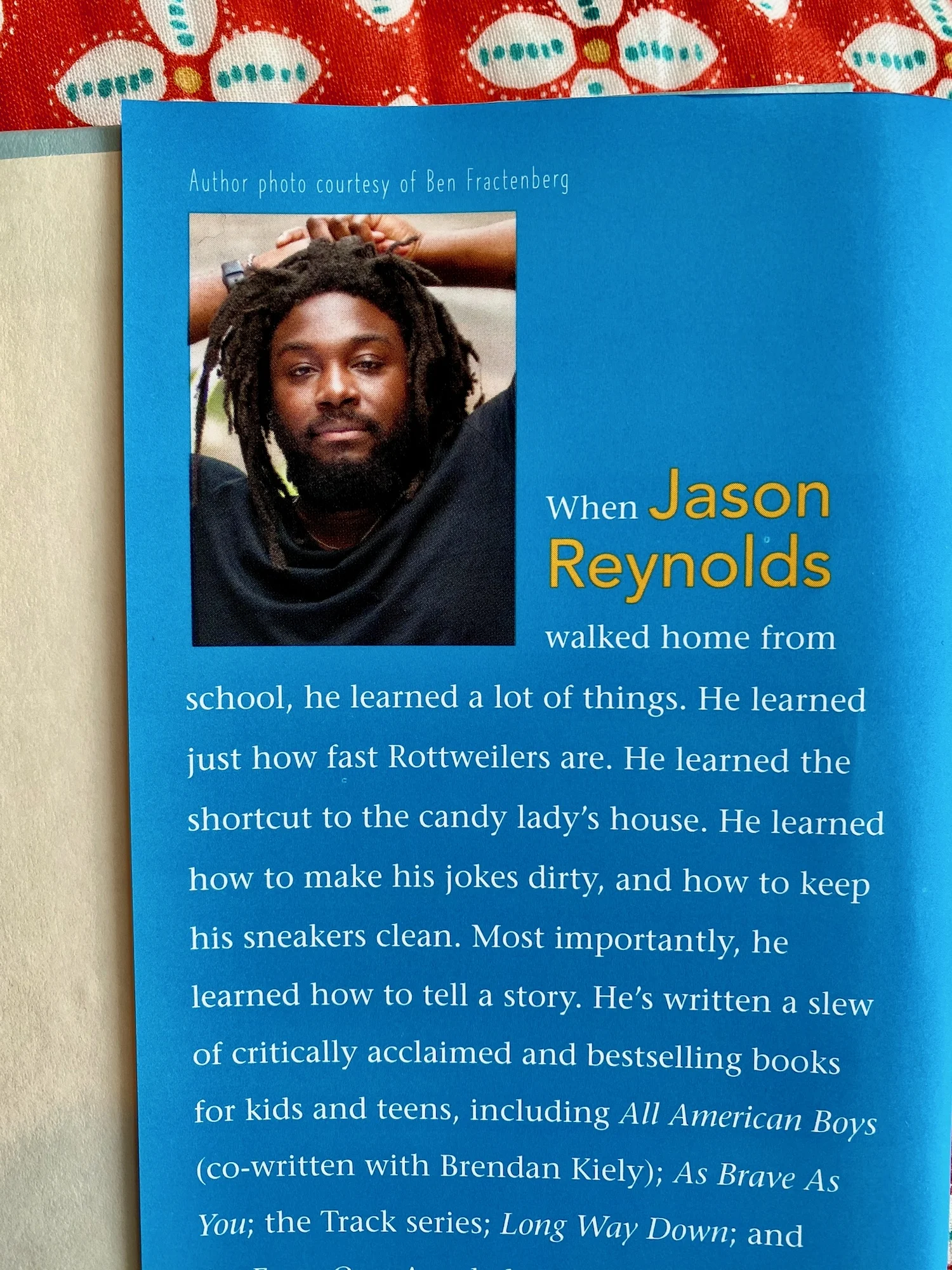Author Jason Reynolds on the inside flap of Look Both Ways