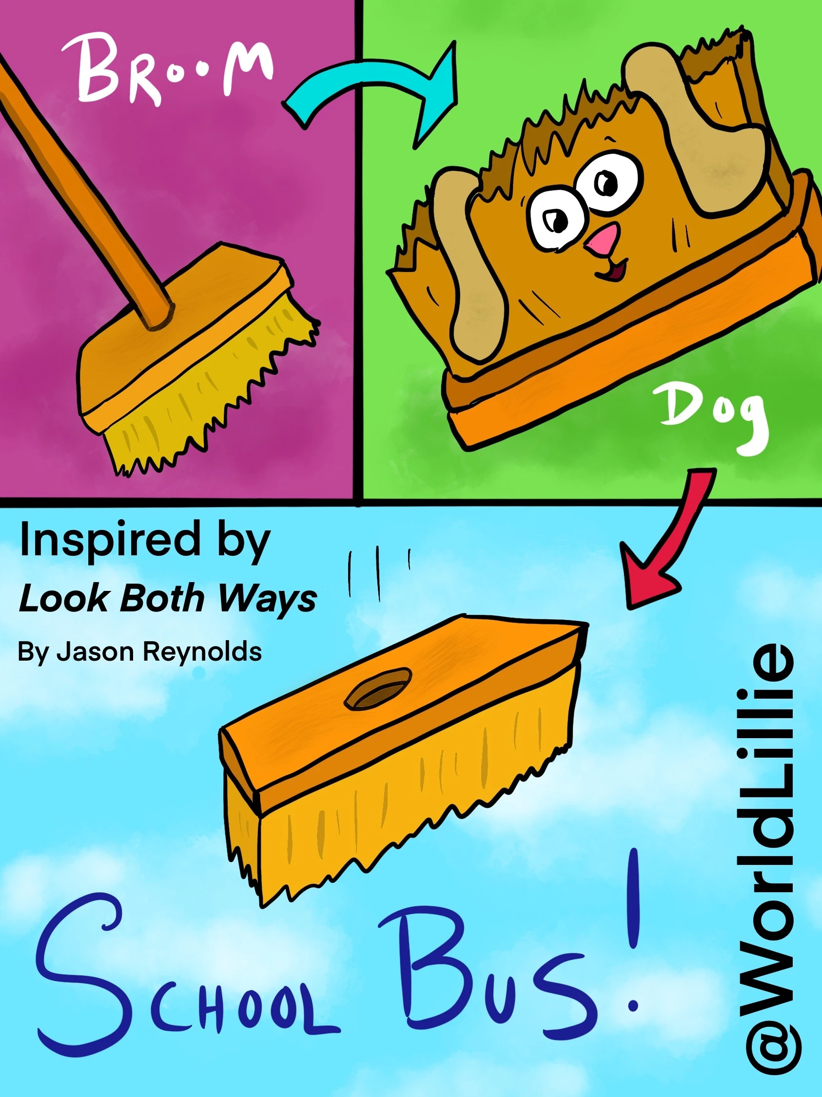 Look Both Ways by Jason Reynolds: School bus that fell from the sky cartoon.