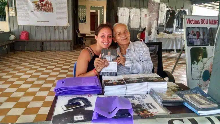 This photo was taken during a visit to the Cambodian Genocide memorial and museum. The gentleman (Bou Meng) in the photo is the Cambodian genocide survivor that Stephanie was able to meet with. She purchased his book to use in her class.
