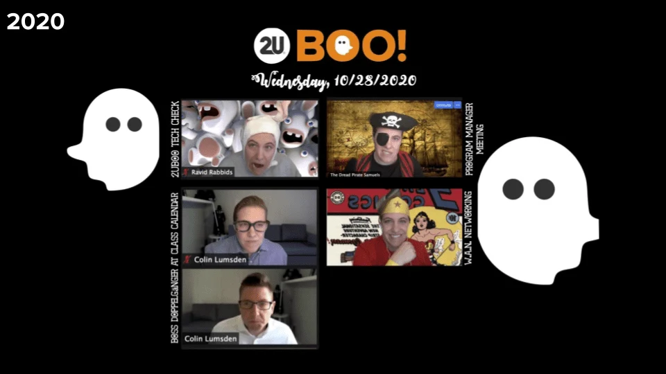 Costume changes, paired with Zoom backgrounds.