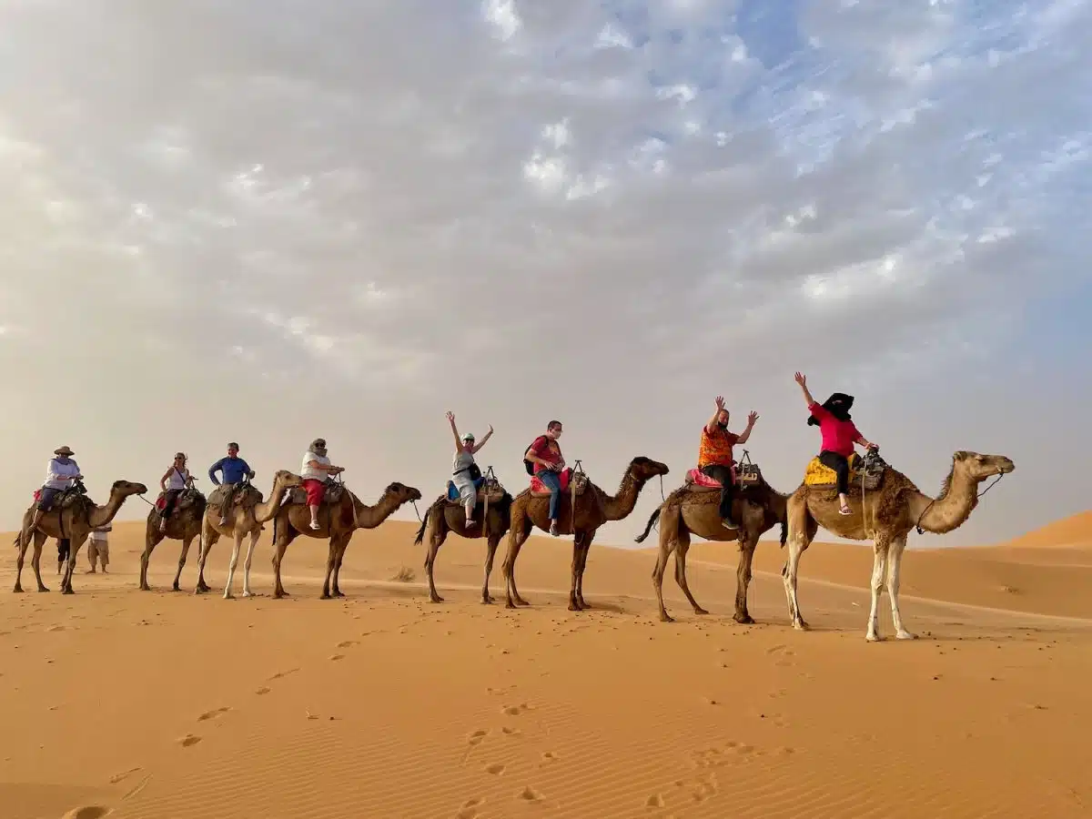 Riding camels in the Sahara.