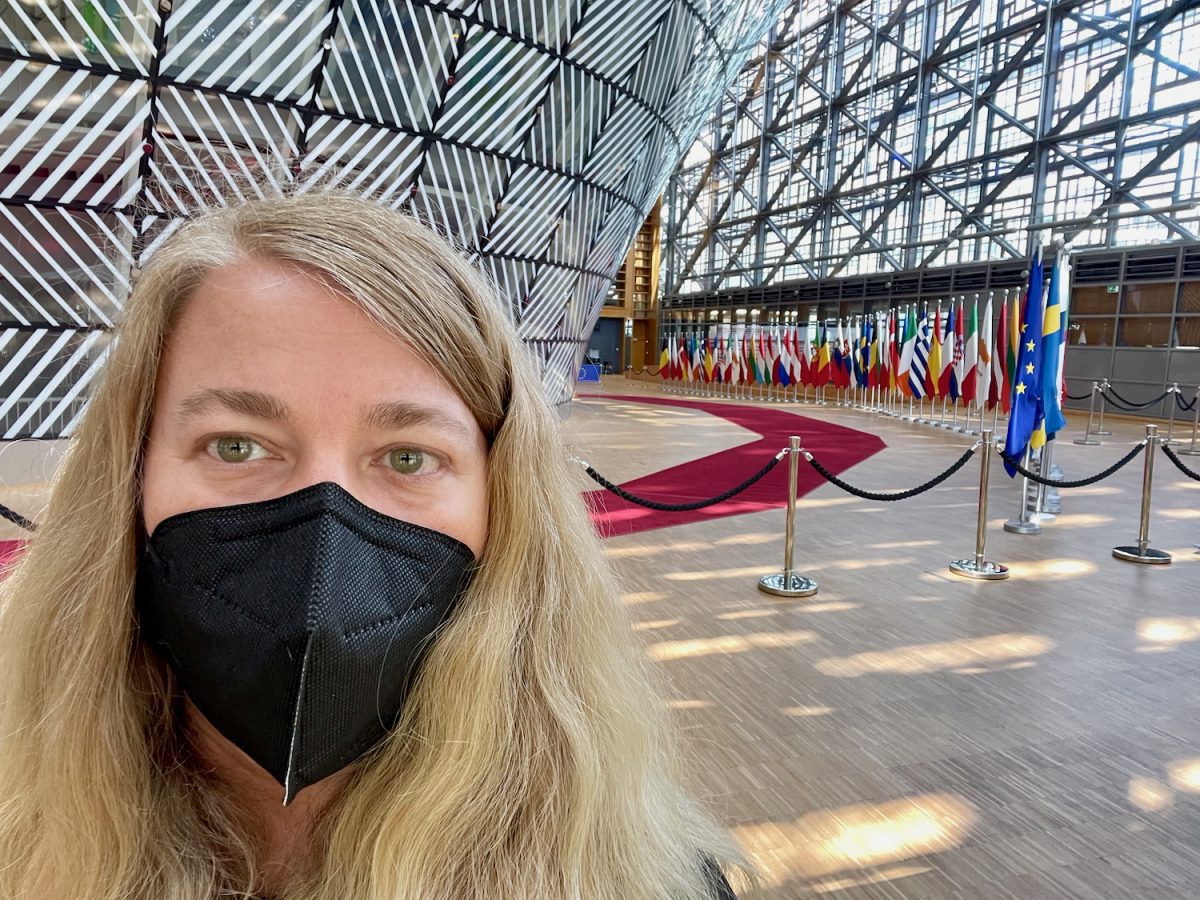 Julia at the EU Council Building. It's called the lantern. Lovely Architecture.