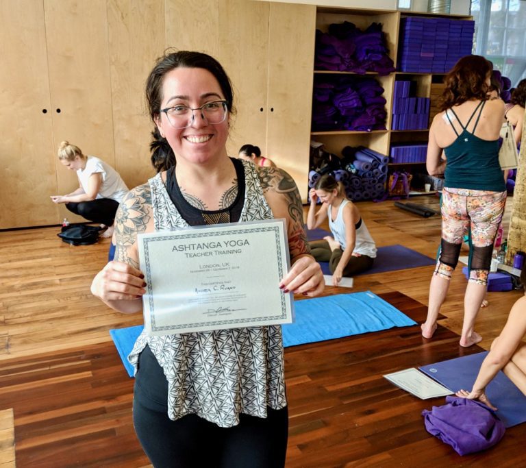 With the Ashtanga Yoga teacher training certificate.