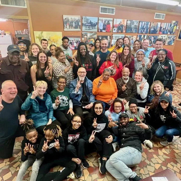 In Selma, Alabama, we met with activist Joanne Bland, pictured in orange, who was only 7 years old when she participated in the events of Bloody Sunday and the subsequent March from Selma to Montgomery in 1965. Those are not peace signs we&rsquo;re holding up&mdash;you&rsquo;ll need to take a trip to Selma to learn the backstory of those two fingers from Ms. Bland herself! I&rsquo;m behind her in red. Next to Ms. Bland are Bob Zellner and Charles Mauldin.