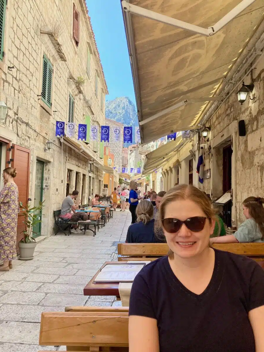 Enjoying an outdoor cafe in Omis, Croatia.