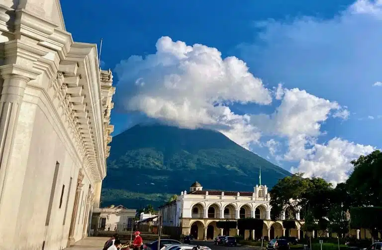 View of the Volcan de Agua as seen from Parque Central in Antigua, Guatemala.